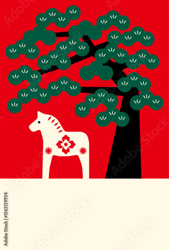 New Year's Cards-50　2026年、年賀状 午（うま・馬）の干支イラスト。 令和8年、年賀状テンプレート。和モダンなデザインの年賀状。