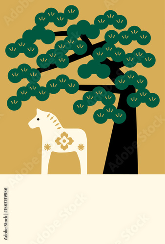 New Year's Cards-49　2026年、年賀状 午（うま・馬）の干支イラスト。 令和8年、年賀状テンプレート。和モダンなデザインの年賀状。