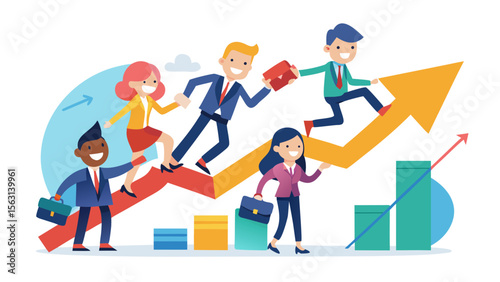Diverse business team climbing upward arrow graph symbolizing success and growth