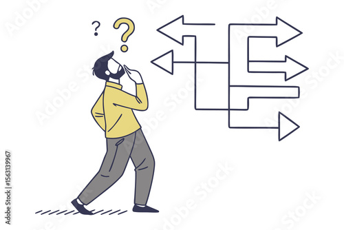 Confused man with multiple arrows representing choices and a maze of decisions pondering his next step