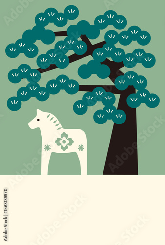 New Year's Cards-51　2026年、年賀状 午（うま・馬）の干支イラスト。 令和8年、年賀状テンプレート。和モダンなデザインの年賀状。