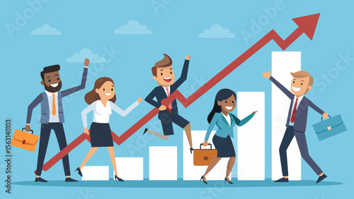 Diverse business team celebrates success with upward trending graph and charts