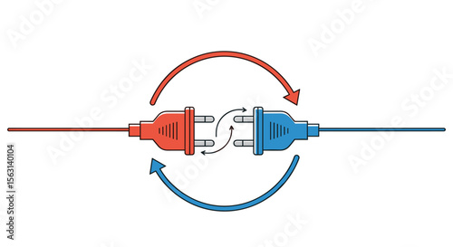 Connecting electrical plugs with red and blue wires indicating energy flow and circuit connection