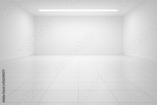 White empty space or room background. Ceramic tile floor in perspective view, white wall light under ceiling. Modern interior home design look clean, bright, shiny surface of texture or pattern.