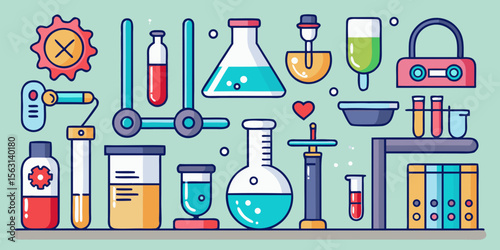 Colorful flat design illustration of science laboratory equipment and experiments