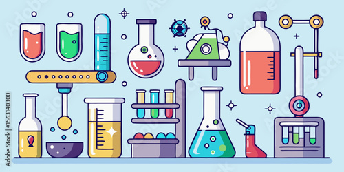 Colorful laboratory equipment and scientific experiments in a flat design style