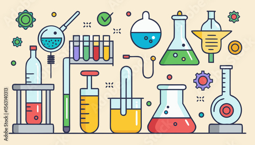 Colorful laboratory equipment and scientific instruments arranged in a flat design style