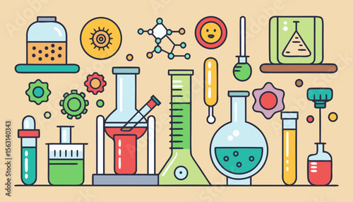 Colorful flat design illustration of science laboratory equipment and symbols