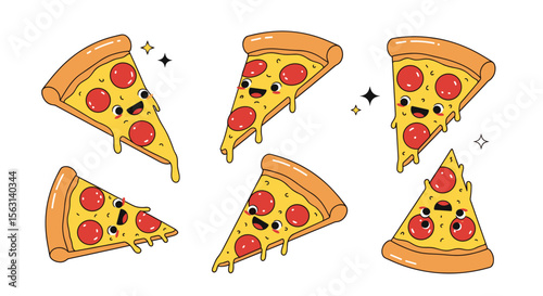 A delicious collection of six cheerful pepperoni pizza slices with cute faces and dripping cheese