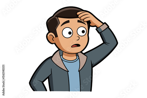 Confused cartoon man scratching his head in disbelief with wide eyes and an open mouth expressing bewilderment
