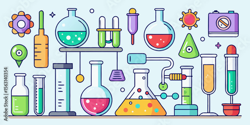 Colorful laboratory equipment and scientific instruments arranged in a pattern