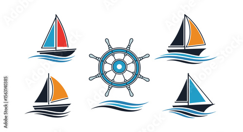 Collection of sailing boats and ships wheel illustrations for maritime and nautical themes