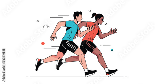 Two diverse athletes engaged in a competitive outdoor running race demonstrating speed and endurance training for a marathon event
