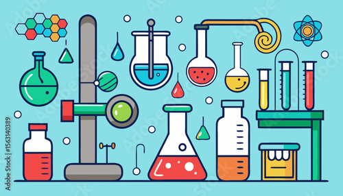 Colorful flat design illustration of chemistry laboratory equipment and experiments