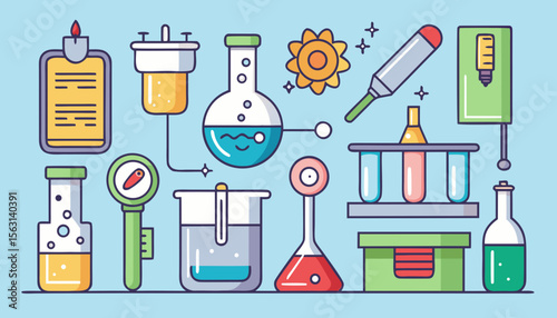Colorful flat design illustration of science laboratory equipment and experiments
