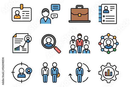 Human resources and job interview vector line color icons, head hunting, recruitment, hiring, and job offer set

