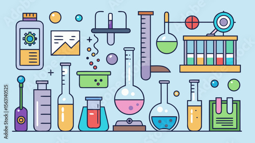 Collection of colorful laboratory equipment and scientific instruments in flat design style