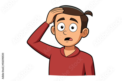 Cartoon boy with wide eyes and open mouth holding his head in disbelief or confusion