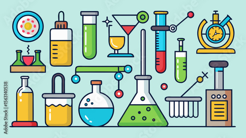Colorful collection of science laboratory equipment and experiments in flat design