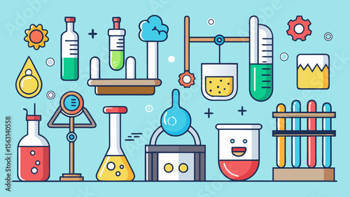 Colorful flat design illustration of various science laboratory equipment and experiments