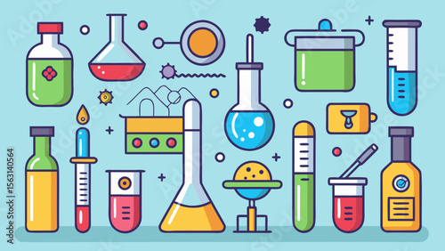 Collection of colorful science laboratory equipment and experiments in flat design style