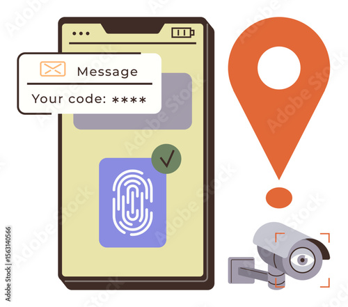 Smartphone with fingerprint scanner, two-factor authentication code, location pin, and surveillance camera. Ideal for cybersecurity, privacy, identity protection, surveillance, authentication