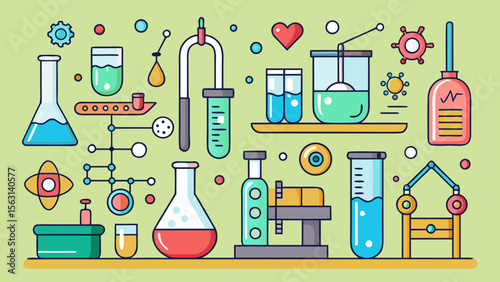 Colorful flat design illustration of science laboratory equipment and experiments