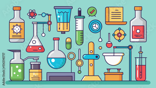Collection of colorful laboratory equipment and scientific research elements