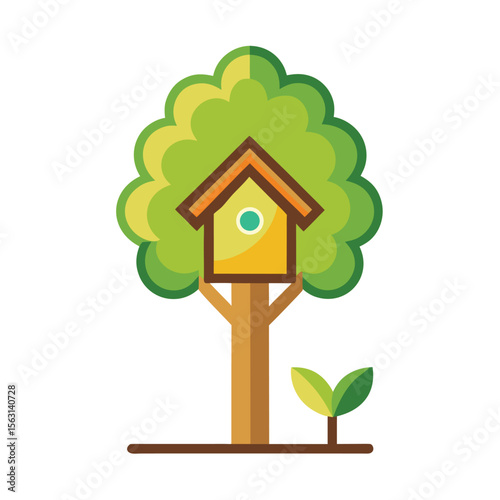 A heartwarming vector icon of a tree featuring a tiny birdhouse, symbolizing home, nurturing, and natural habitat for birds.