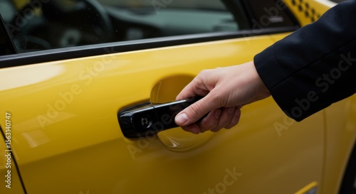 hand reaching for yellow taxi door handle