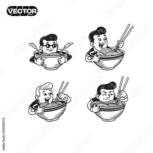 Retro Illustration Four Men Enjoying a Delicious Bowl of Noodles