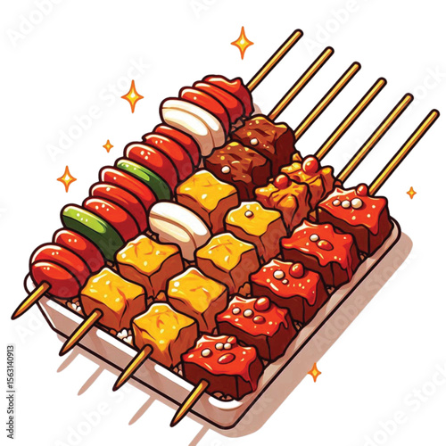 High resolution and high quality anime style vector illustration of SATE
brightly colored with some toppings on a simple white background.