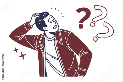 Confused man scratching head surrounded by question marks symbolizing uncertainty doubt and the search for answers in a stylized illustration