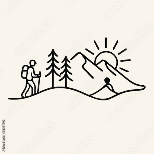 A simple line drawing of a hiker with a backpack walking through a mountainous landscape with trees, a rising sun, and a companion figure, representing adventure and exploration.
