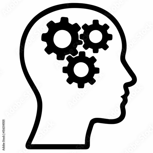 A minimalist silhouette of a human head with three gears inside, symbolizing thought, cognition, and mental processes.