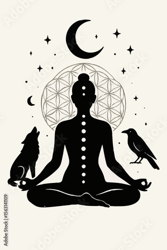 A serene illustration featuring a meditating figure in a lotus position, adorned with a flower of life symbol on the back. The figure is flanked by a wolf on the left and a raven on the right,