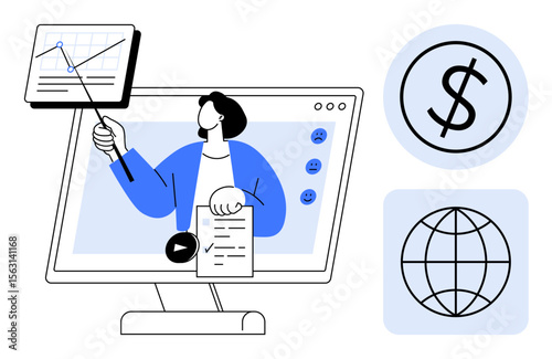 Professional presenting graphs on screen, explaining trends with documents and pointer. Ideal for education, finance, communication, business, e-learning, global economy career growth. Simple flat