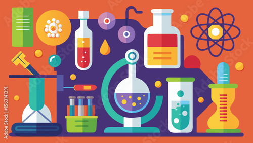 Colorful flat design illustration of science laboratory equipment and experiments