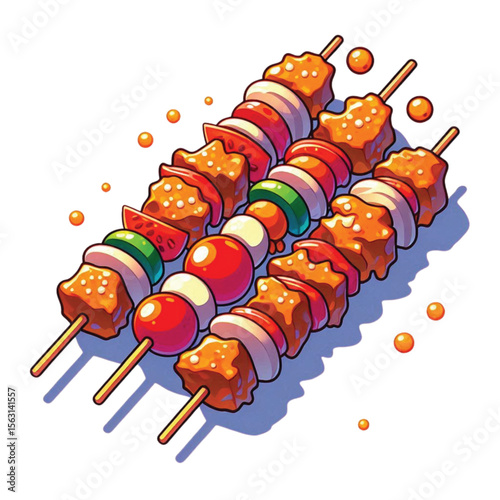High resolution and high quality anime style vector illustration of SATE
brightly colored with some toppings on a simple white background.