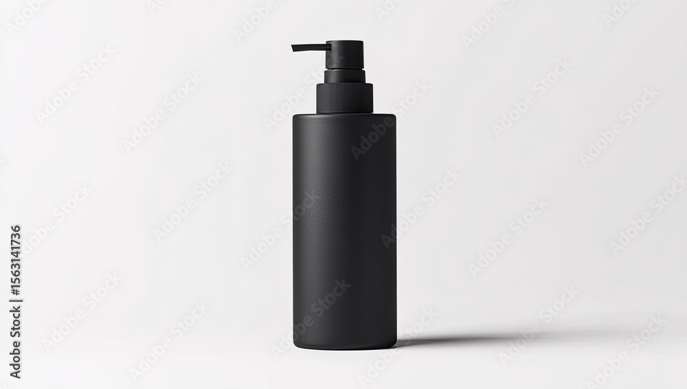 Fototapeta premium A matte black cylindrical pump bottle stands on a white background