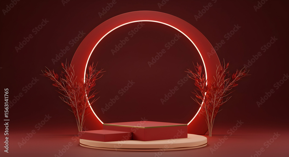 Red Minimalist Product Display Stand 3D Render Elegant Showcase for Luxury Branding Red Minimalist Product Display Stand 3D Render Elegant Showcase for Luxury Branding