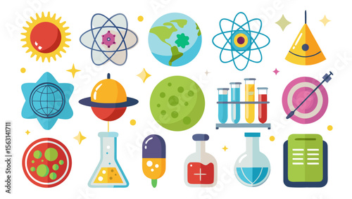 Collection of colorful science and astronomy icons in a flat design style