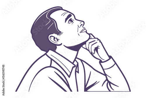 Thoughtful man in vintage style looking upward with finger on chin contemplating ideas and future possibilities