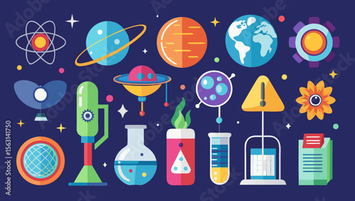 Colorful flat design icons representing science technology space and discovery