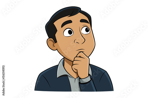 Cartoon man with dark hair and a blue suit thoughtfully resting his chin on his hand looking upwards with a pensive expression
