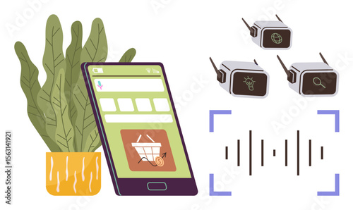 Smartphone displaying shopping cart app accompanied by smart devices, sound wave pattern, and plant. Ideal for online shopping, IoT, smart home, voice recognition, e-commerce, technology