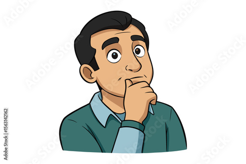 Cartoon man with dark hair and a light blue shirt and teal sweater thoughtfully touching his chin with his hand