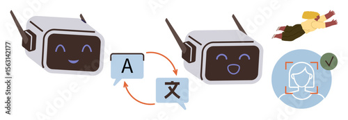 Two smiling AI robots exchanging language translations, face recognition icon verifying identity, user accessibility represented with a flying person. Ideal for AI, machine learning, translation