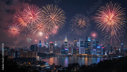 Brilliant fireworks illuminate a majestic city skyline at night, reflecting in the water, creating a festive and vibrant urban scene.