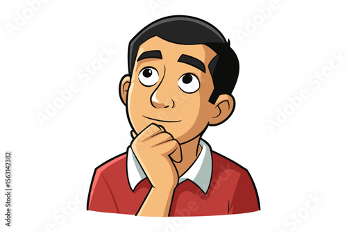 Cartoon illustration of a young man with dark hair wearing a red shirt thoughtfully resting his chin on his hand and looking upwards